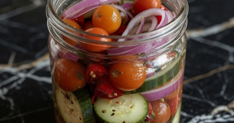 Pickled Cherry Tomatoes, Red Onions, and Cucumbers
