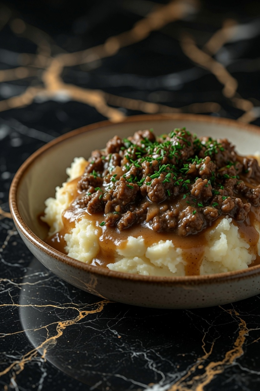 Ground Beef and Gravy Over Mashed Potatoes