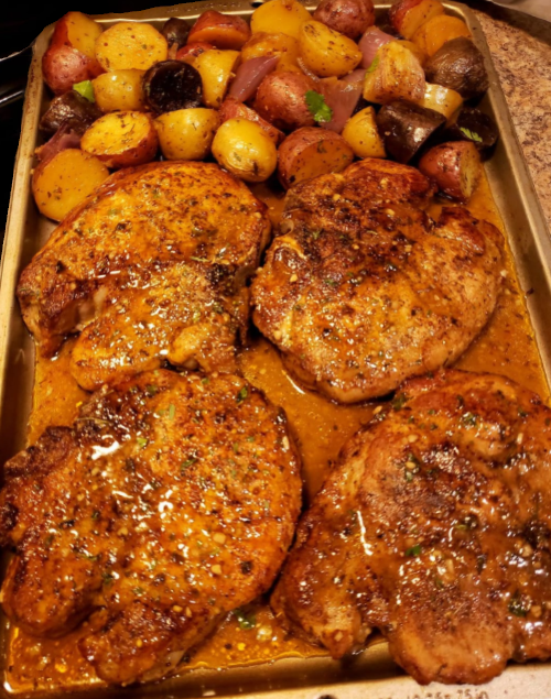 SHEET PAN PORK CHOPS WITH MULTI COLORED POTATOES