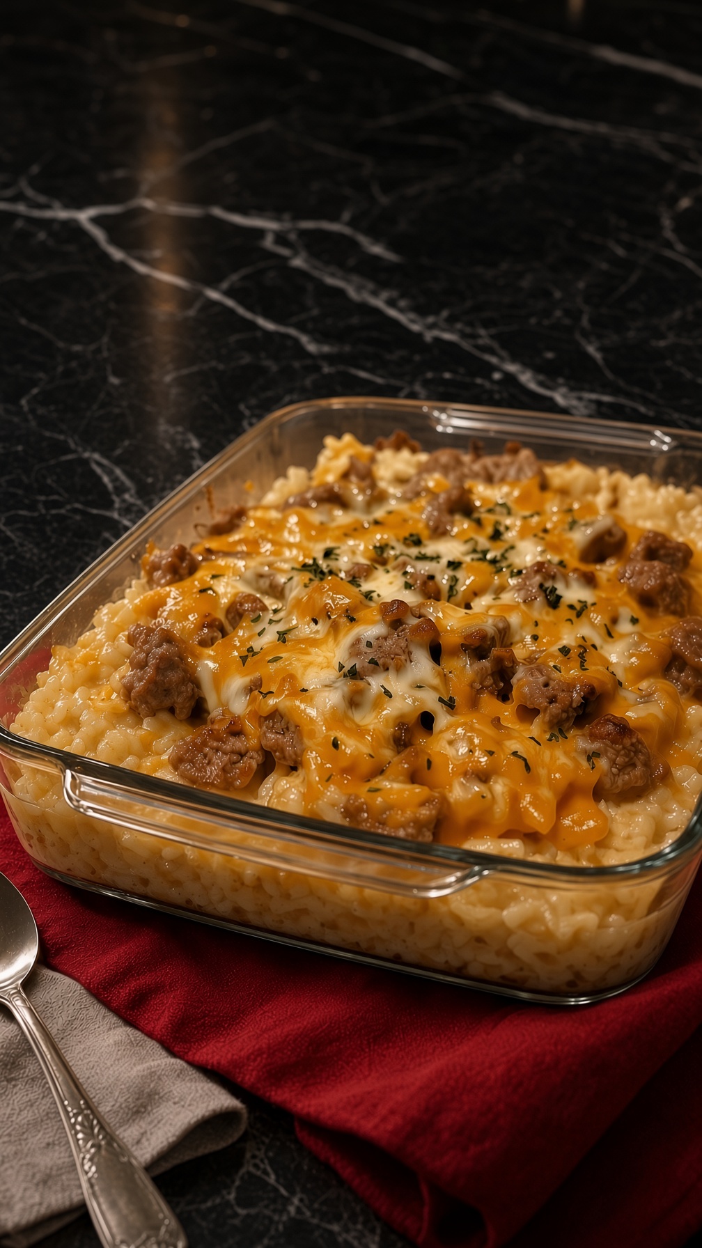 CHEESY GROUND BEEF RICE CASSEROLE