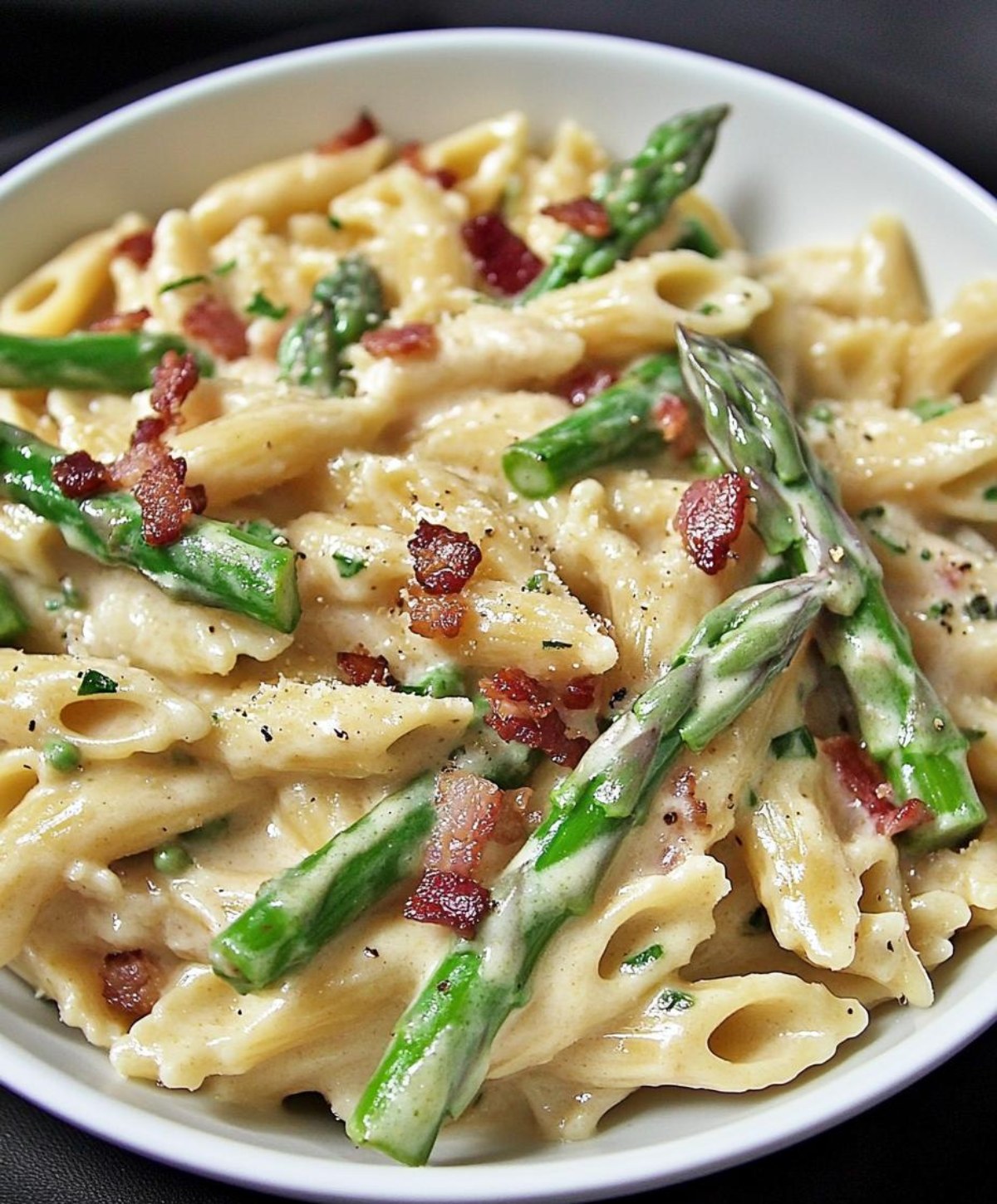 CREAMY PASTA WITH ASPARAGUS & BACON