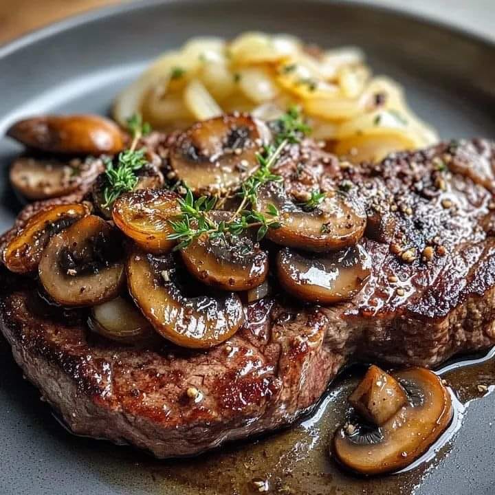 RIBEYE STEAK WITH FRENCH ONIONS & MUSHROOMS