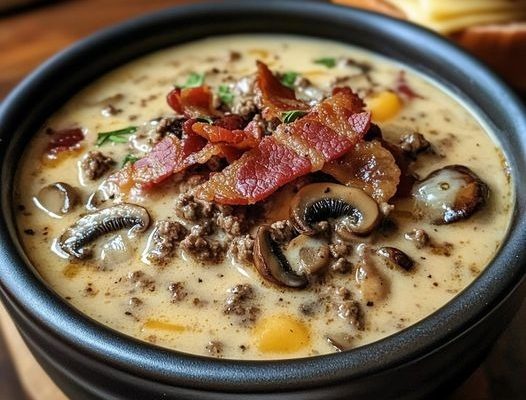 Bacon Mushroom Swiss Cheeseburger Soup