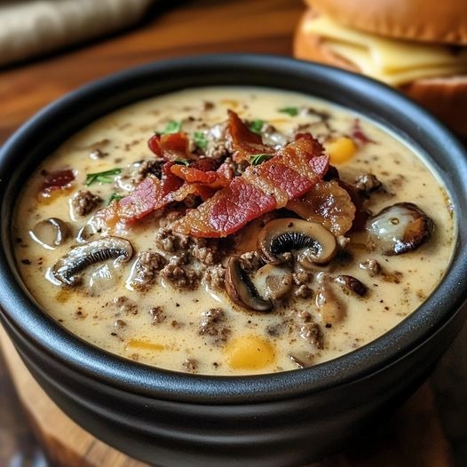 Bacon Mushroom Swiss Cheeseburger Soup