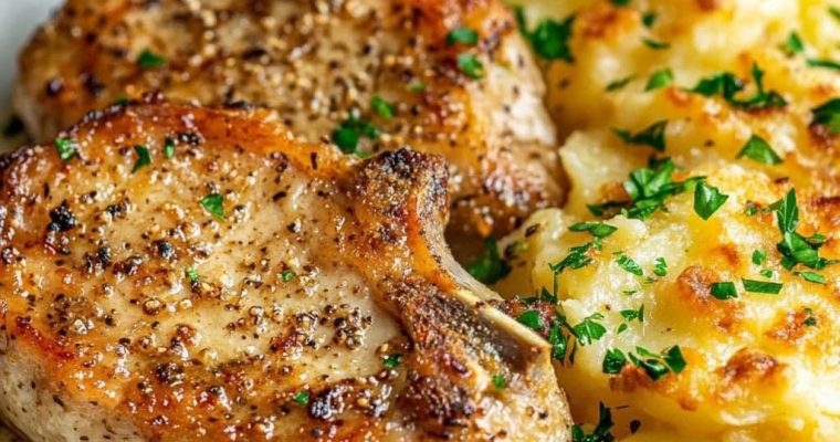 Garlic Parmesan Pork Chops with Cheesy Scalloped Potatoes