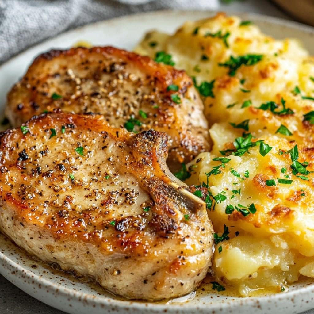 Garlic Parmesan Pork Chops with Cheesy Scalloped Potatoes