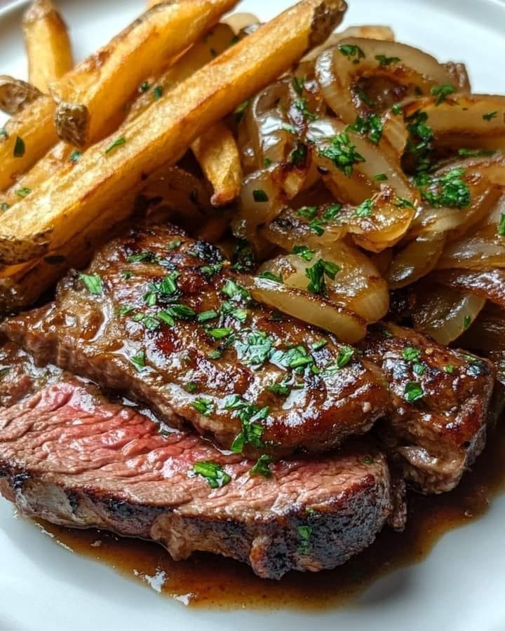 RIBEYE STEAK WITH FRENCH ONIONS AND FRENCH FRIES