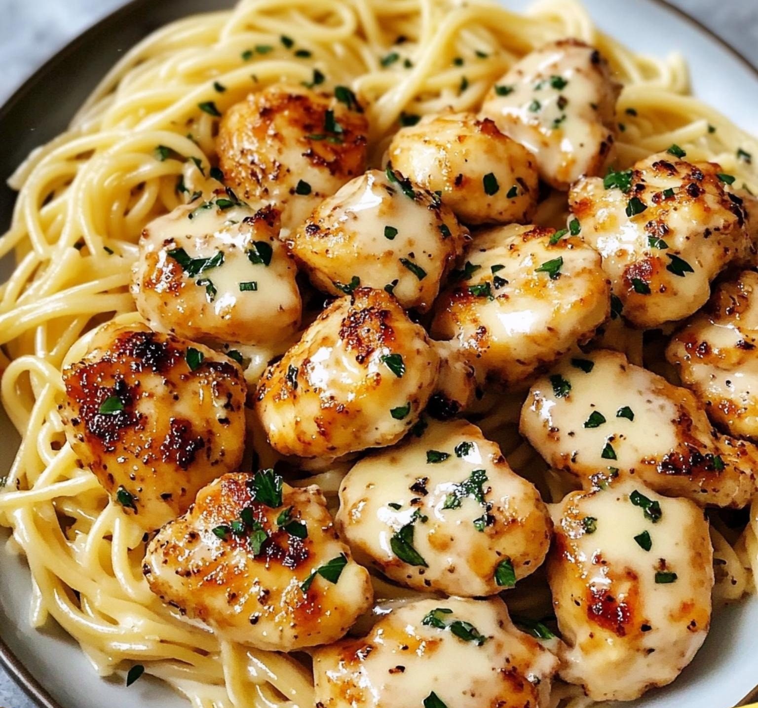 Garlic Butter Chicken Bites with Creamy Parmesan Pasta