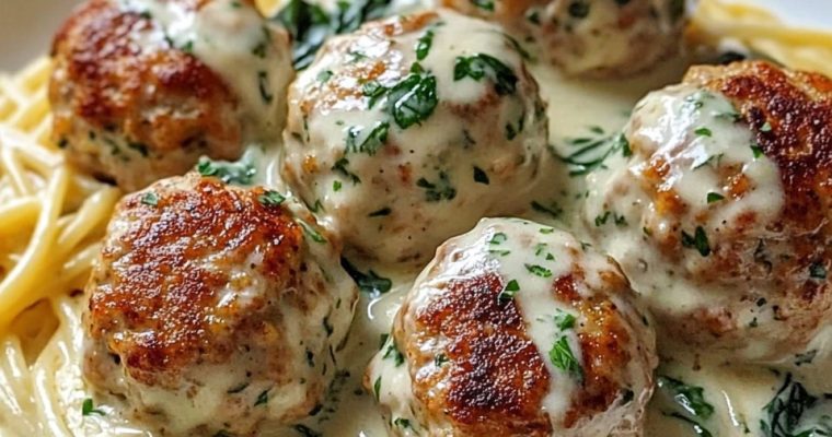 Chicken Ricotta Meatballs with Spinach Alfredo Sauce