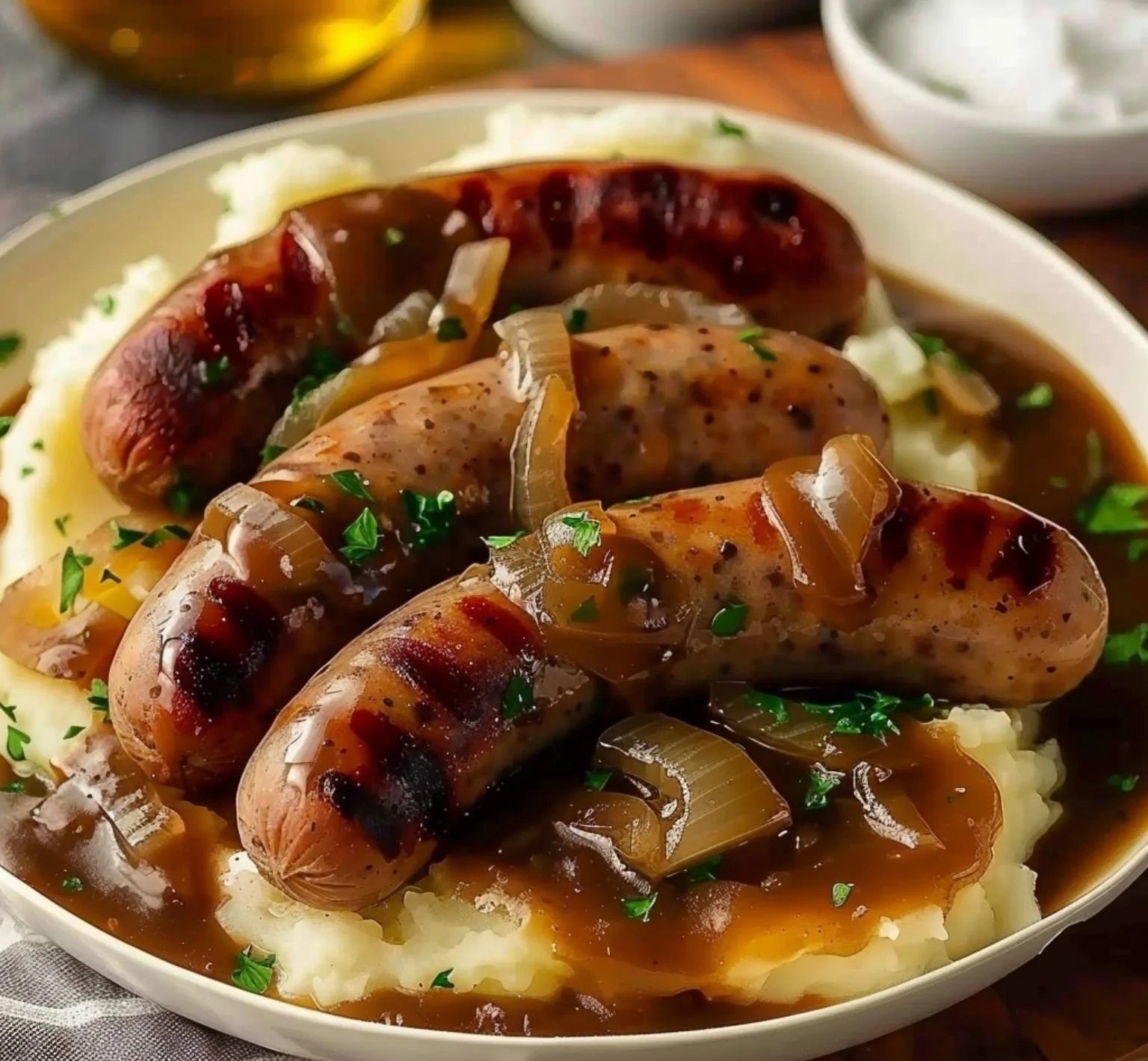 Classic British Sausages with Creamy Mash and Rich Onion Gravy