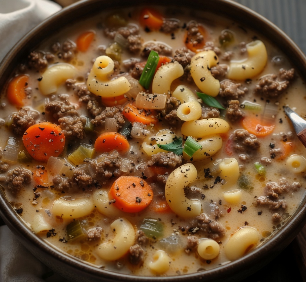 ONE POT MACARONI CHEESEBURGER SOUP
