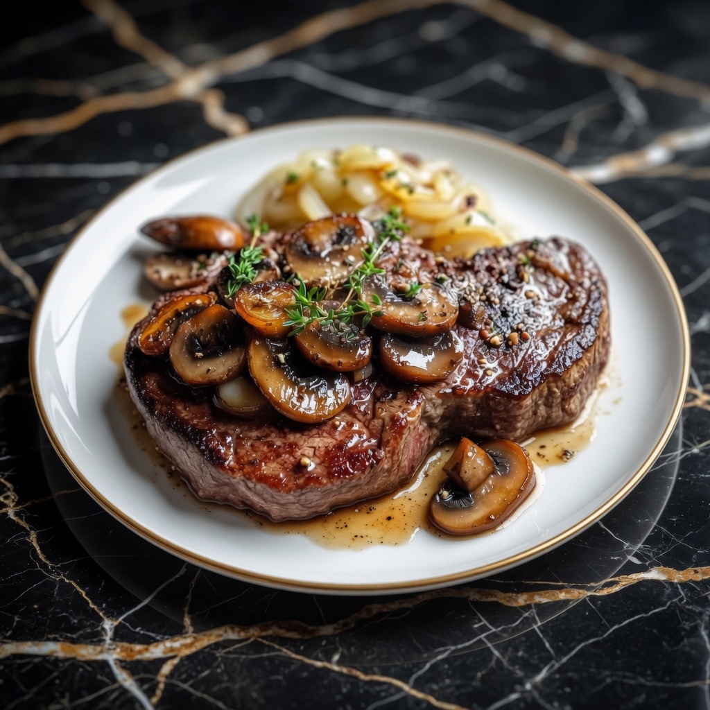 RIBEYE STEAK WITH FRENCH ONIONS AND MUSHROOMS