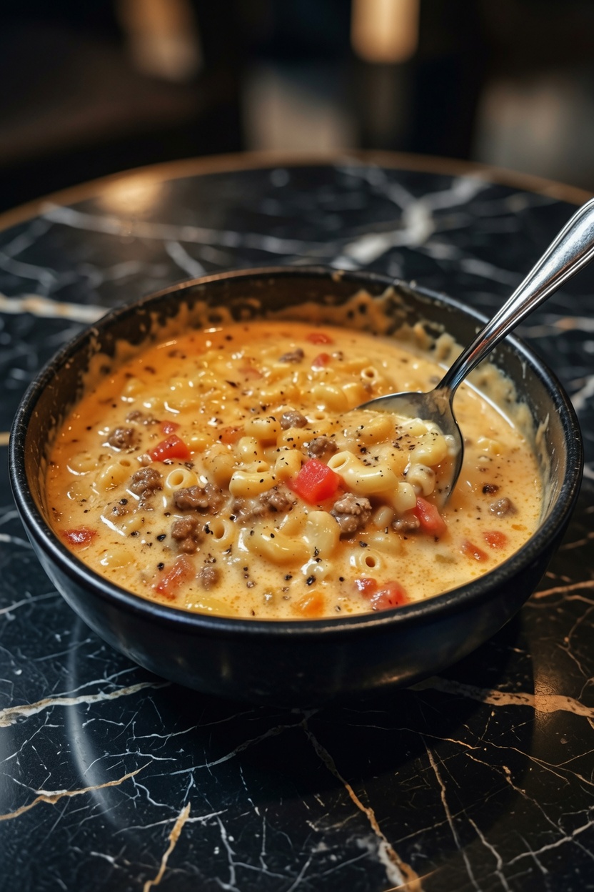 ONE POT MACARONI CHEESEBURGER SOUP