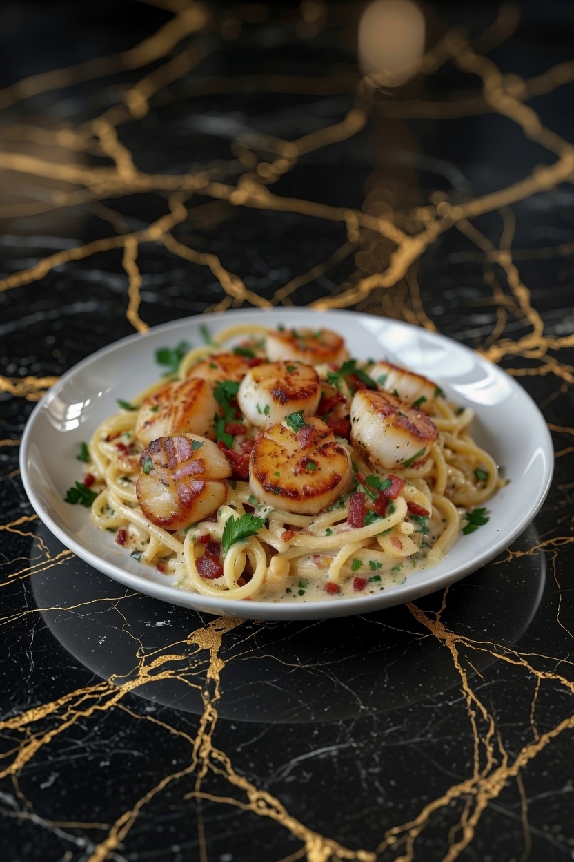 Creamy Tuscan Spaghetti with Jumbo Scallops