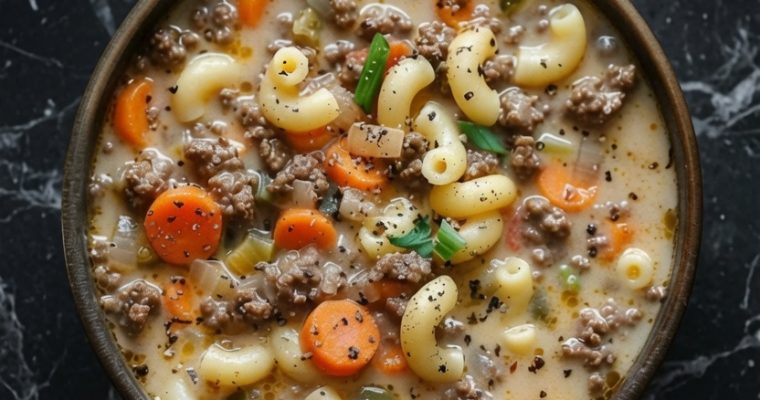 ONE POT MACARONI CHEESEBURGER SOUP