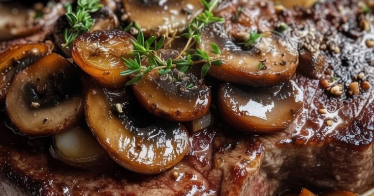RIBEYE STEAK WITH FRENCH ONIONS AND MUSHROOMS