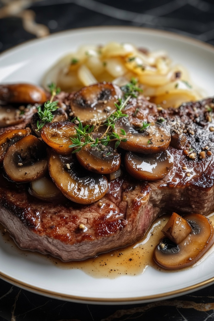 RIBEYE STEAK WITH FRENCH ONIONS AND MUSHROOMS
