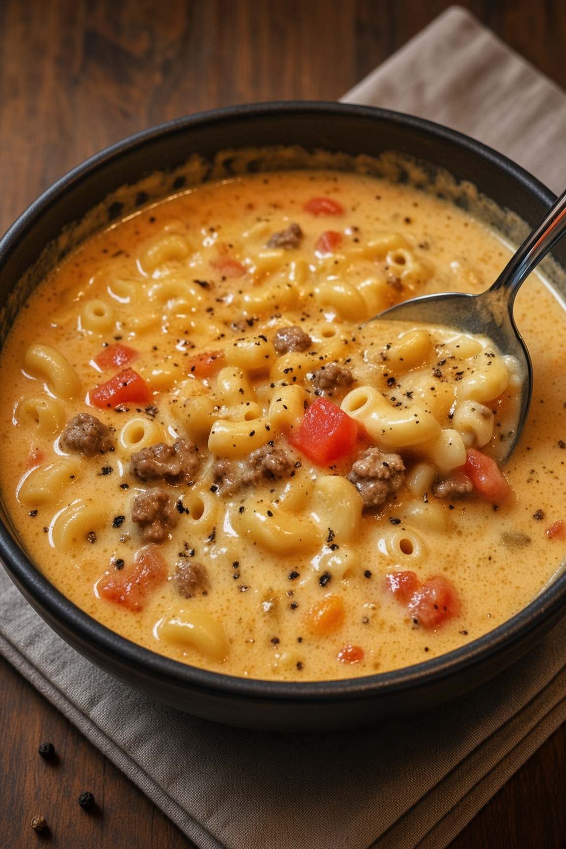 ONE POT MACARONI CHEESEBURGER SOUP