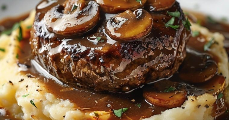 Salisbury Steak with Garlic Mashed Potatoes and Mushroom & Onion Gravy