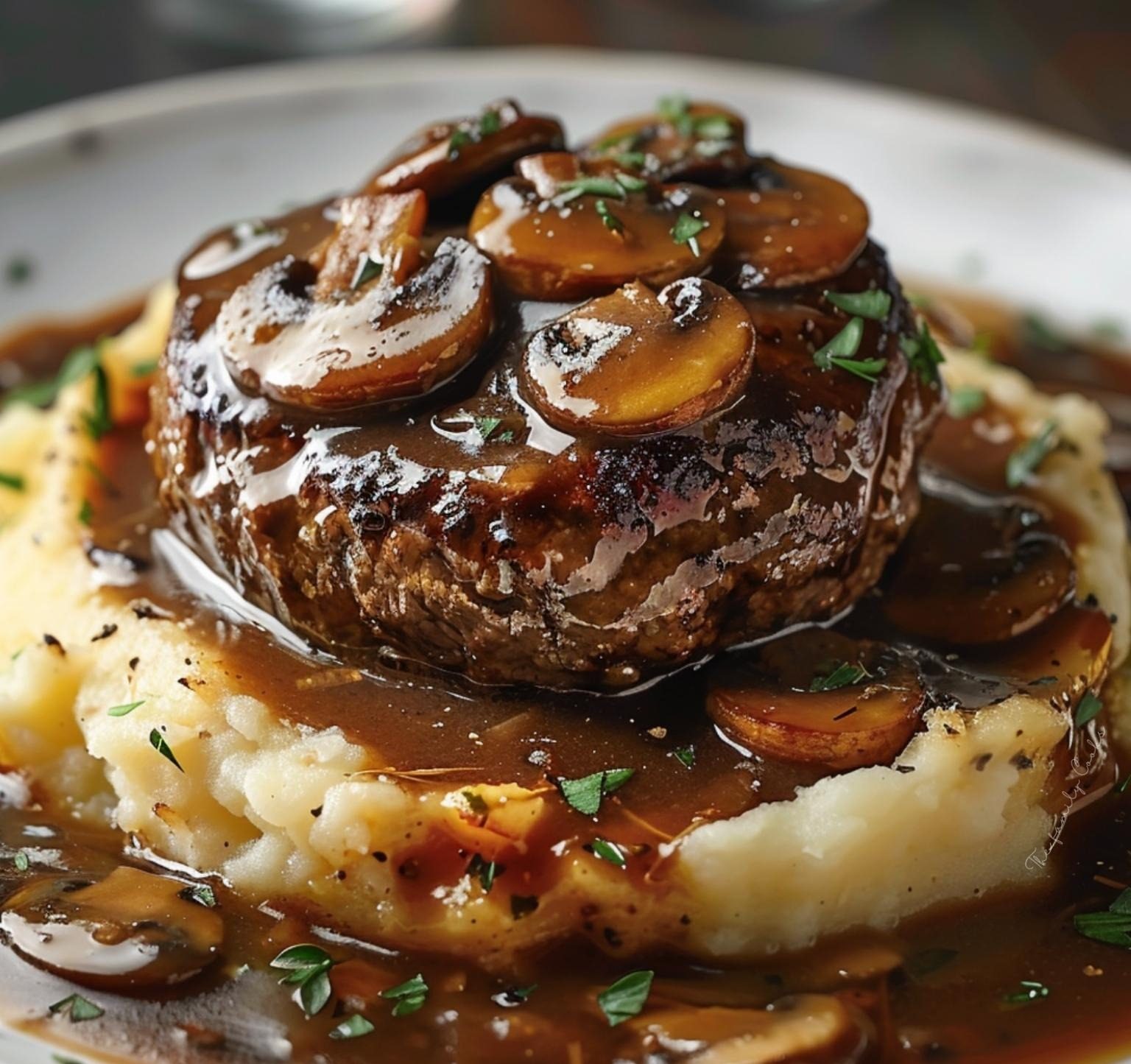 Salisbury Steak with Garlic Mashed Potatoes and Mushroom & Onion Gravy