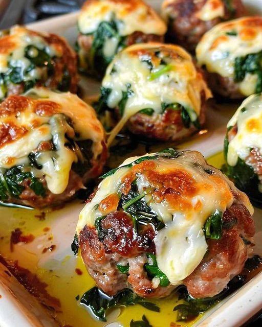 Spinach Garlic Meatballs Stuffed With Mozzarella