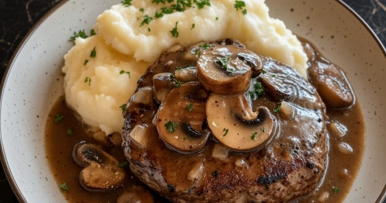 Salisbury Steak with Garlic Mashed Potatoes and Mushroom & Onion Gravy