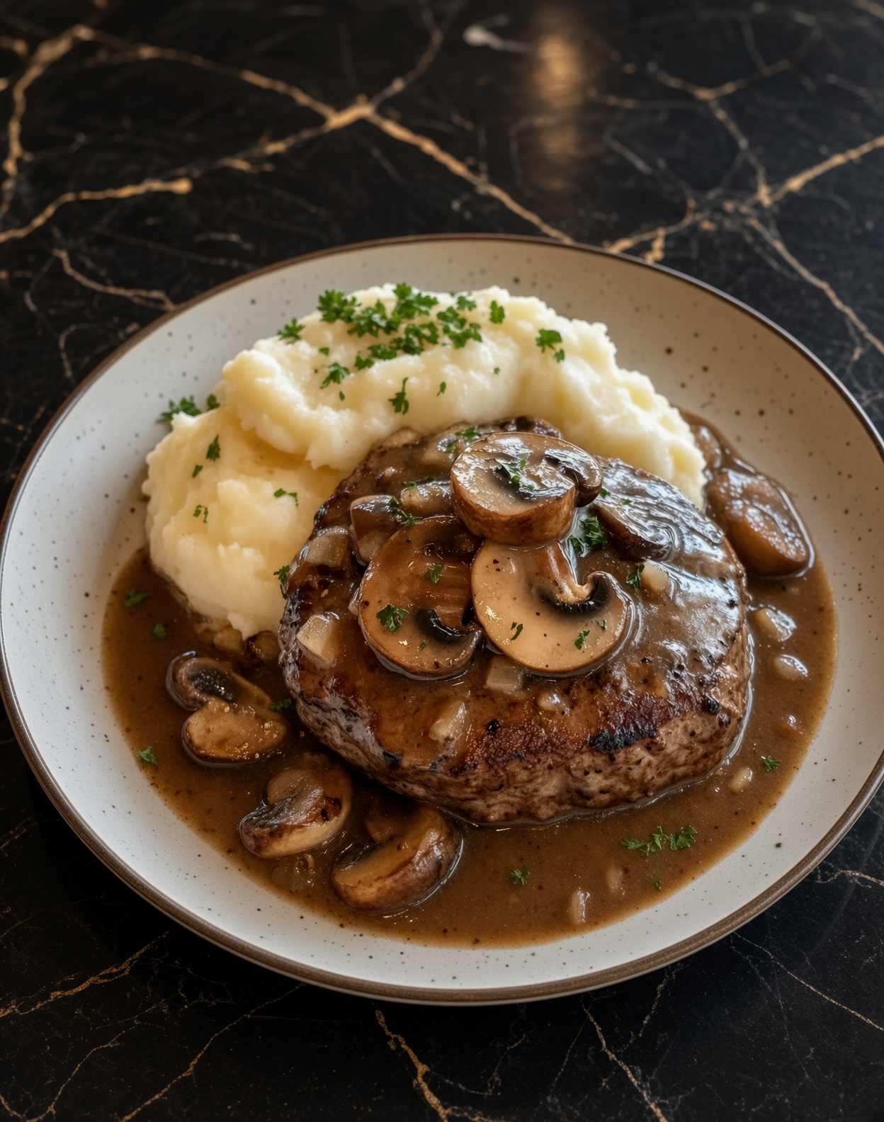 Salisbury Steak with Garlic Mashed Potatoes and Mushroom & Onion Gravy