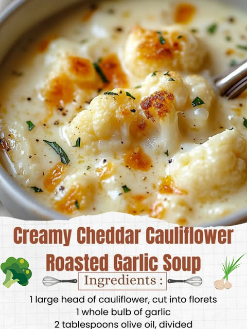 Creamy Cheddar Cauliflower Roasted Garlic Soup