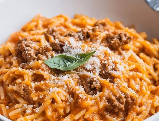 Ground Beef Orzo with Tomato Cream Sauce