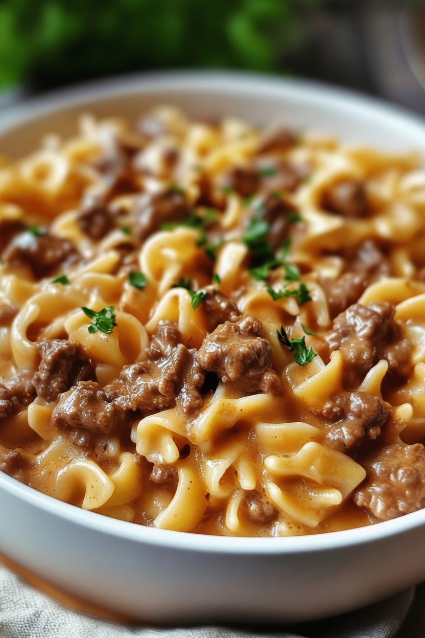 Slow Cooker Creamy Garlic Beef Pasta