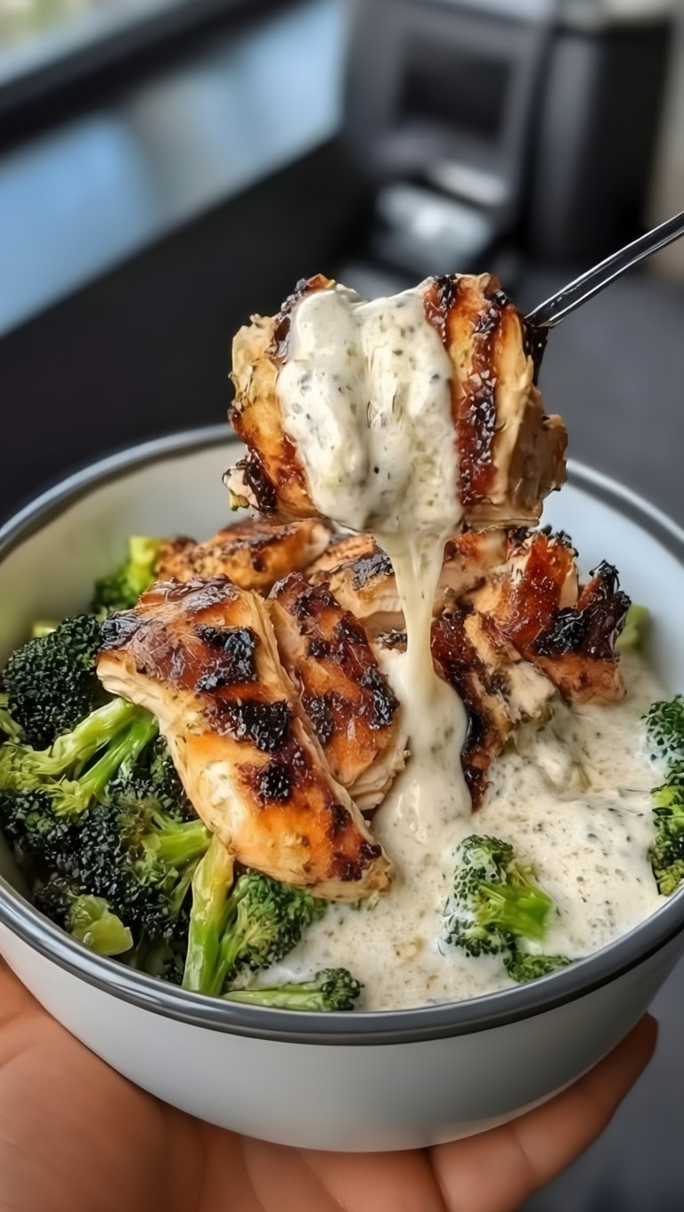Grilled Chicken & Broccoli Bowls with Creamy Garlic Sauce
