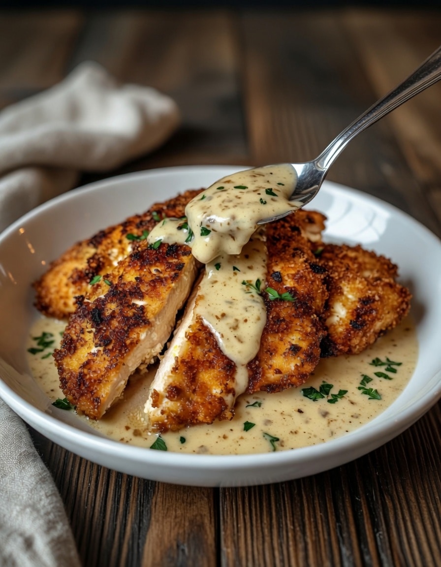 Parmesan Crusted Chicken with Creamy Garlic Sauce