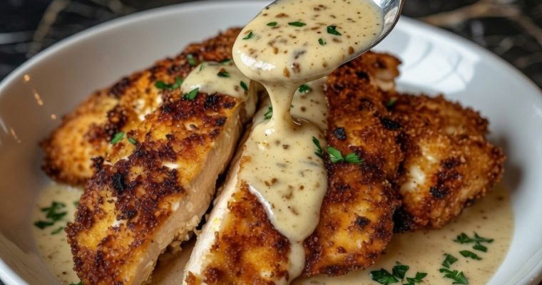 Parmesan Crusted Chicken with Creamy Garlic Sauce