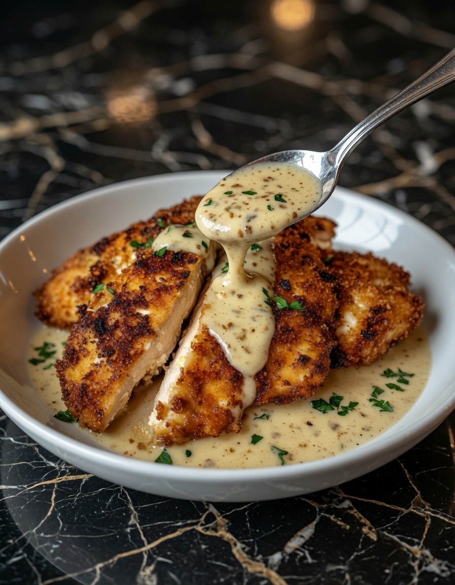 Parmesan Crusted Chicken with Creamy Garlic Sauce