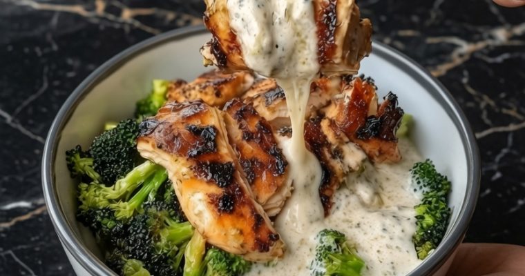Grilled Chicken & Broccoli Bowls with Creamy Garlic Sauce