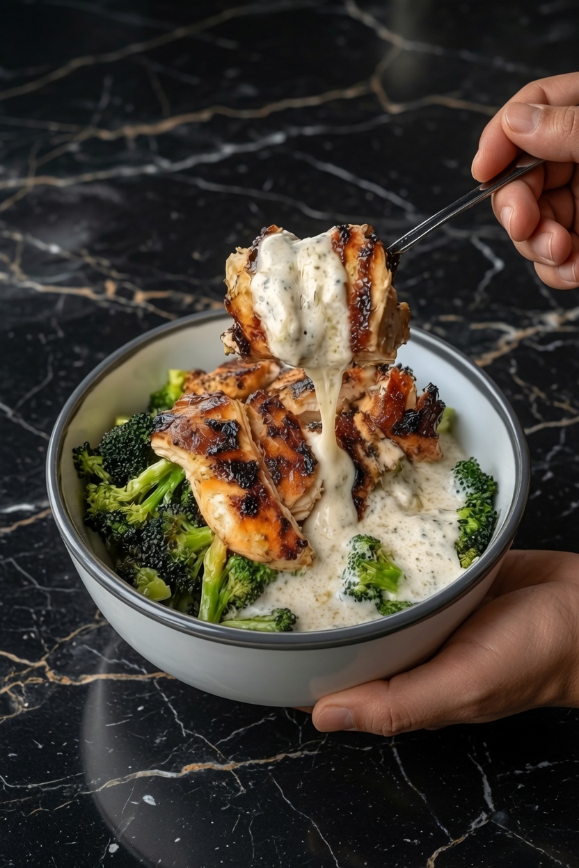 Grilled Chicken & Broccoli Bowls with Creamy Garlic Sauce