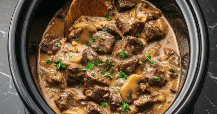 Creamy Crockpot Beef Tips & Mushrooms
