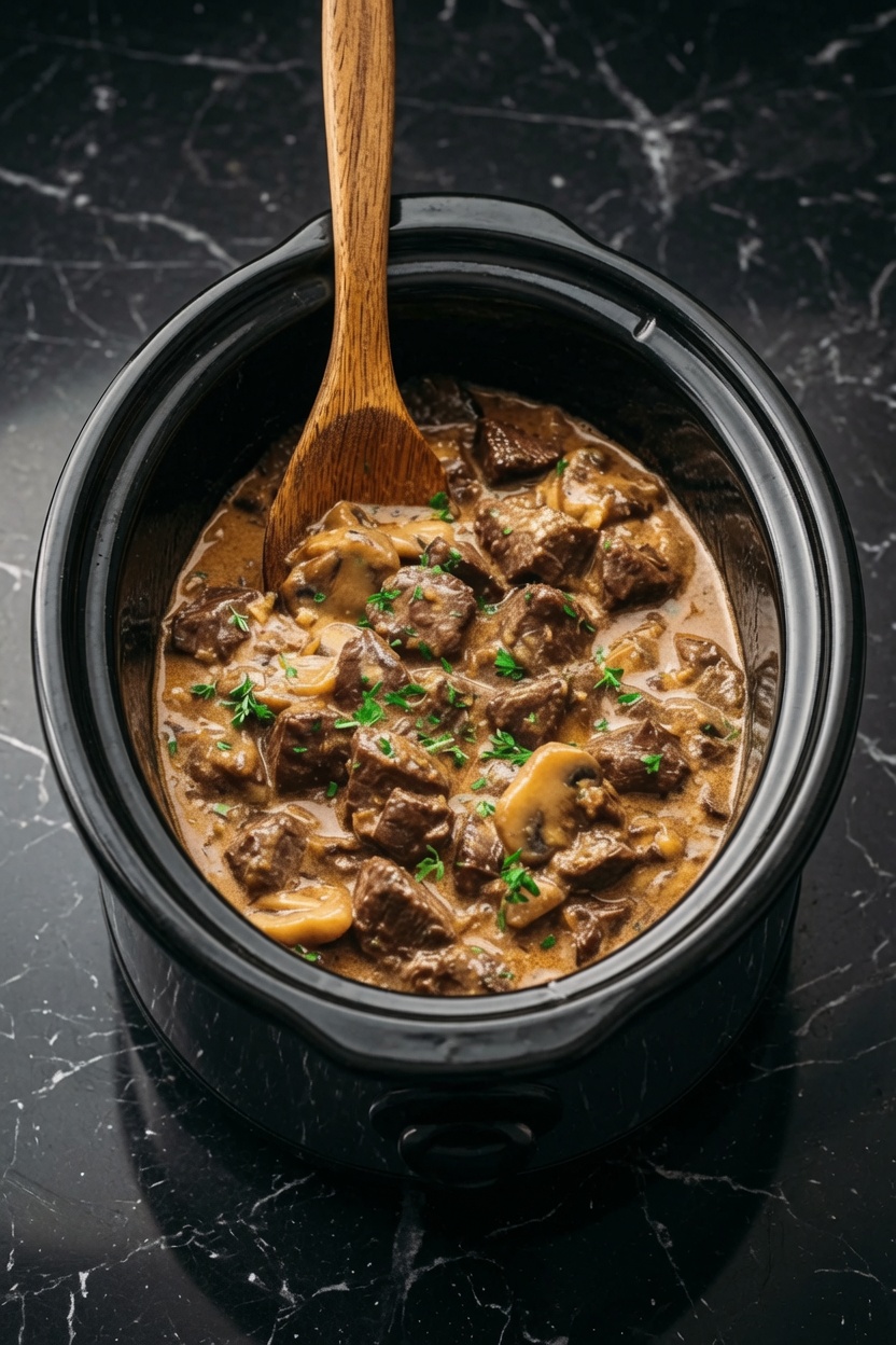 Creamy Crockpot Beef Tips & Mushrooms