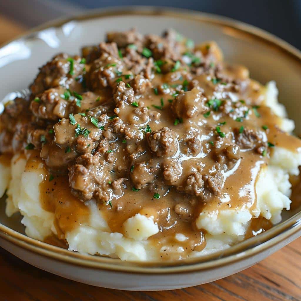 Ground Beef and Gravy Over Mashed Potatoes