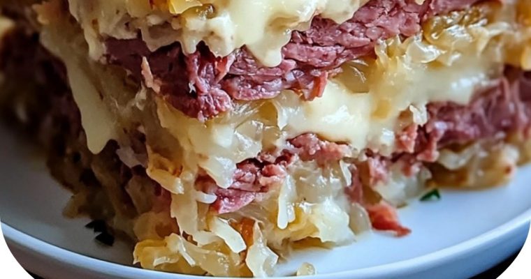 Reuben Bake with Layers of Corned Beef, Sauerkraut, and Swiss Cheese