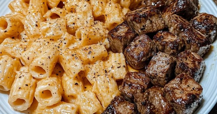 CAJUN STEAK TIPS IN CHEESY RIGATONI PARMESAN SAUCE