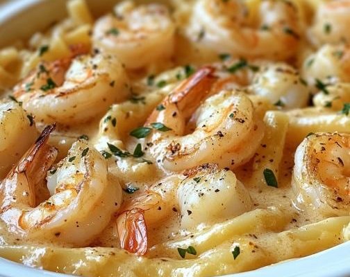 Slow Cooker Garlic Shrimp Pasta