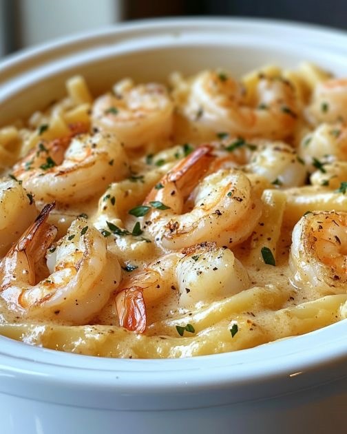 Slow Cooker Garlic Shrimp Pasta