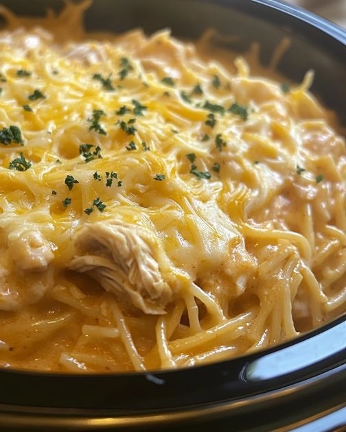 Slow Cooker Amish Cheesy Chicken Spaghetti