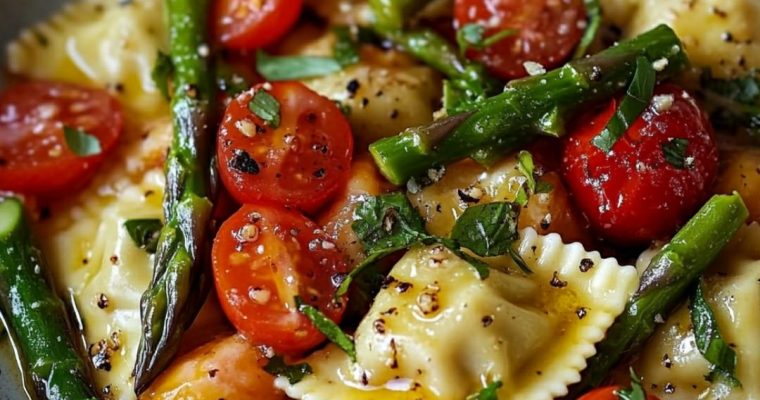 Ravioli With Tomatoes, Asparagus, Garlic, And Herbs