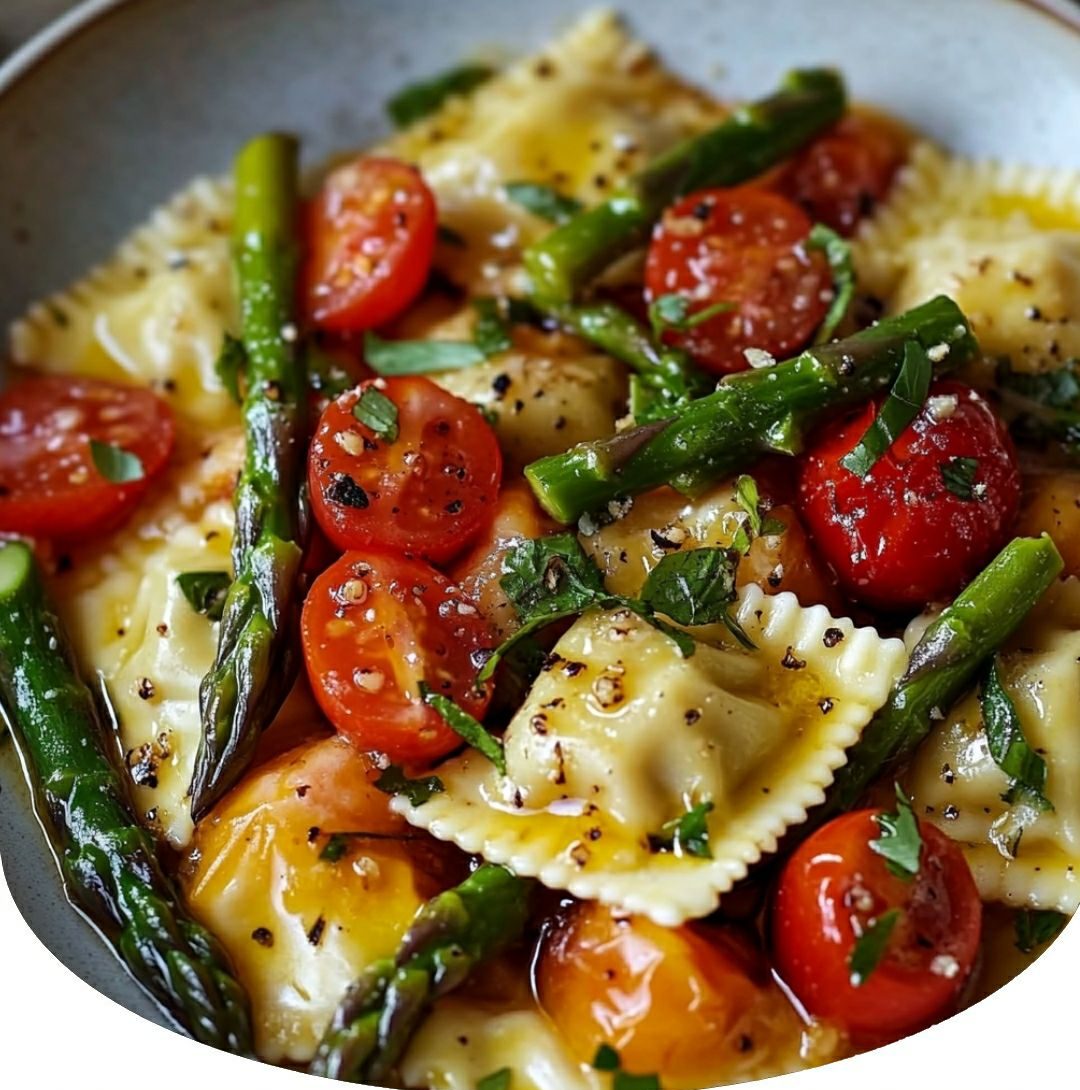 Ravioli With Tomatoes, Asparagus, Garlic, And Herbs