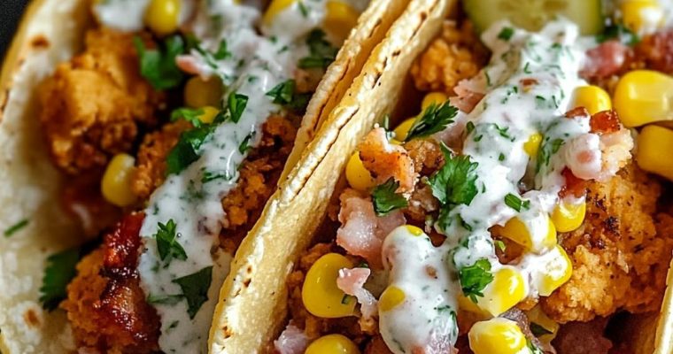 Fried Chicken Street Corn Tacos with Bacon and Jalapeno Lime Ranch