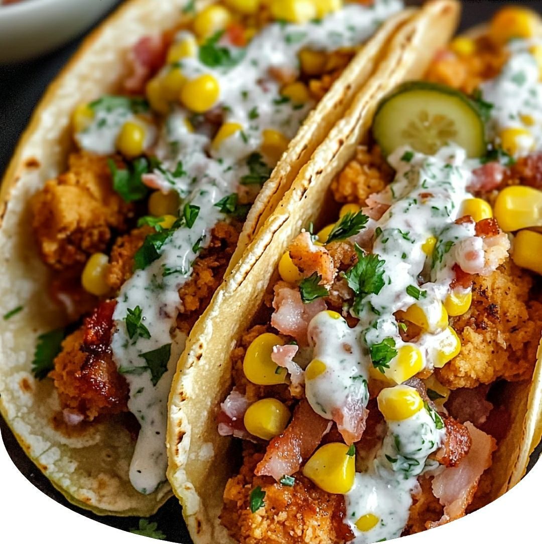 Fried Chicken Street Corn Tacos with Bacon and Jalapeno Lime Ranch