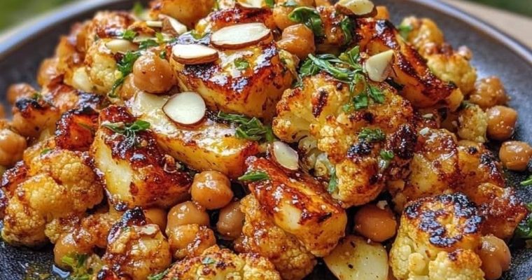 Honey Curry Roasted Cauliflower with Grilled Halloumi and Crunchy Chickpeas