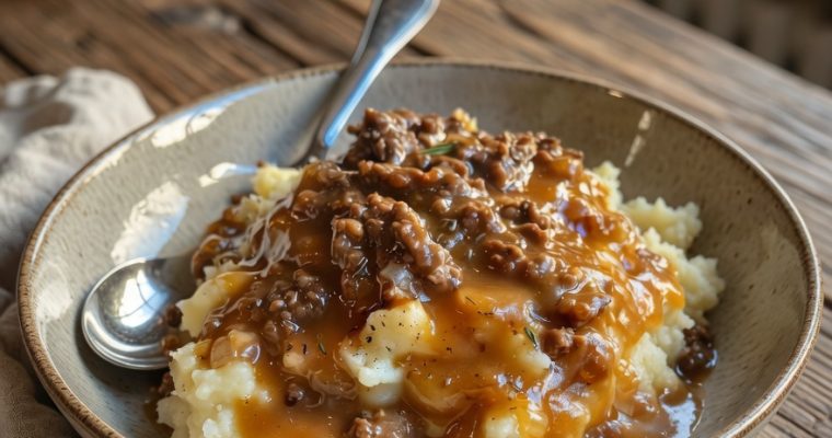 Hearty Ground Beef & Gravy Over Mashed Potatoes